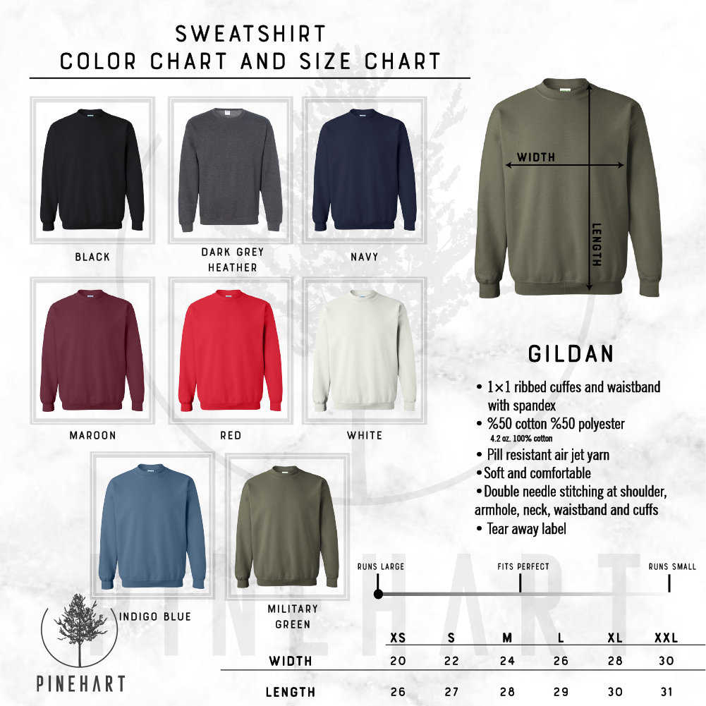 Pinehart.Size chart, colors and materials for sweatshirts and hoodies. Made by Pinehart
